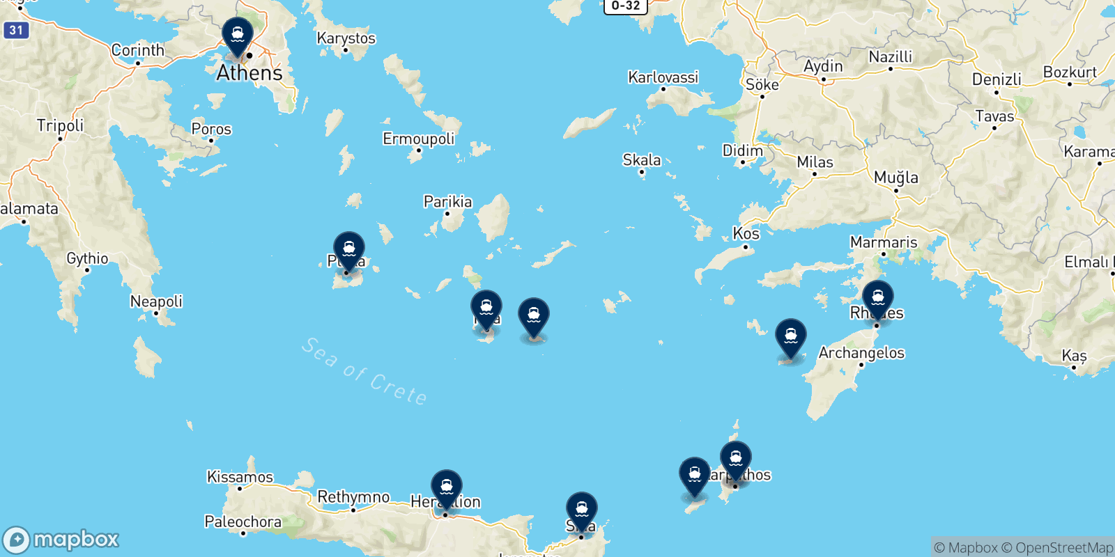Mapa de los destinos Aegeon Pelagos