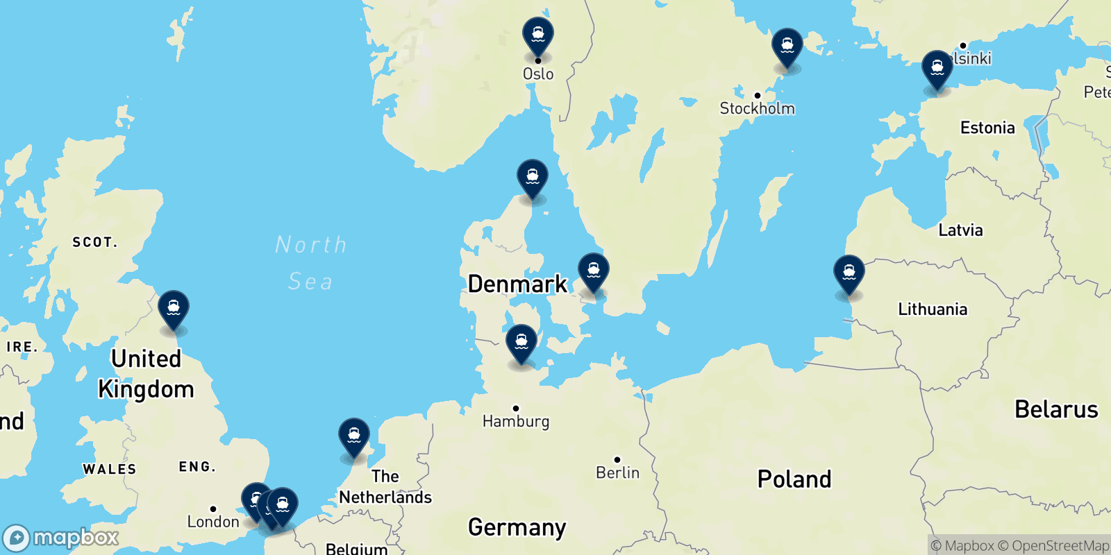 Mapa de los destinos Dfds
