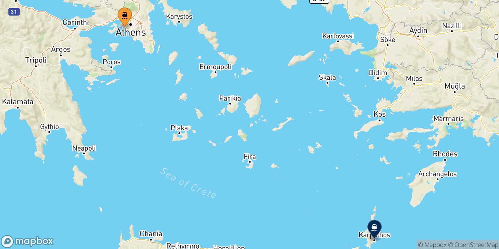 Mapa de la ruta El Pireo Diafani (Karpathos)