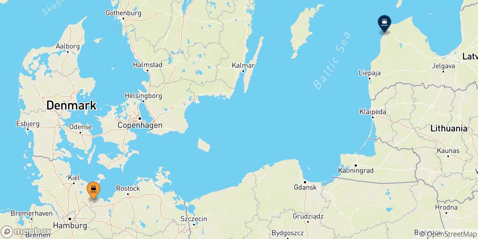 Mapa de las posibles rutas entre Alemania y  Ventspils