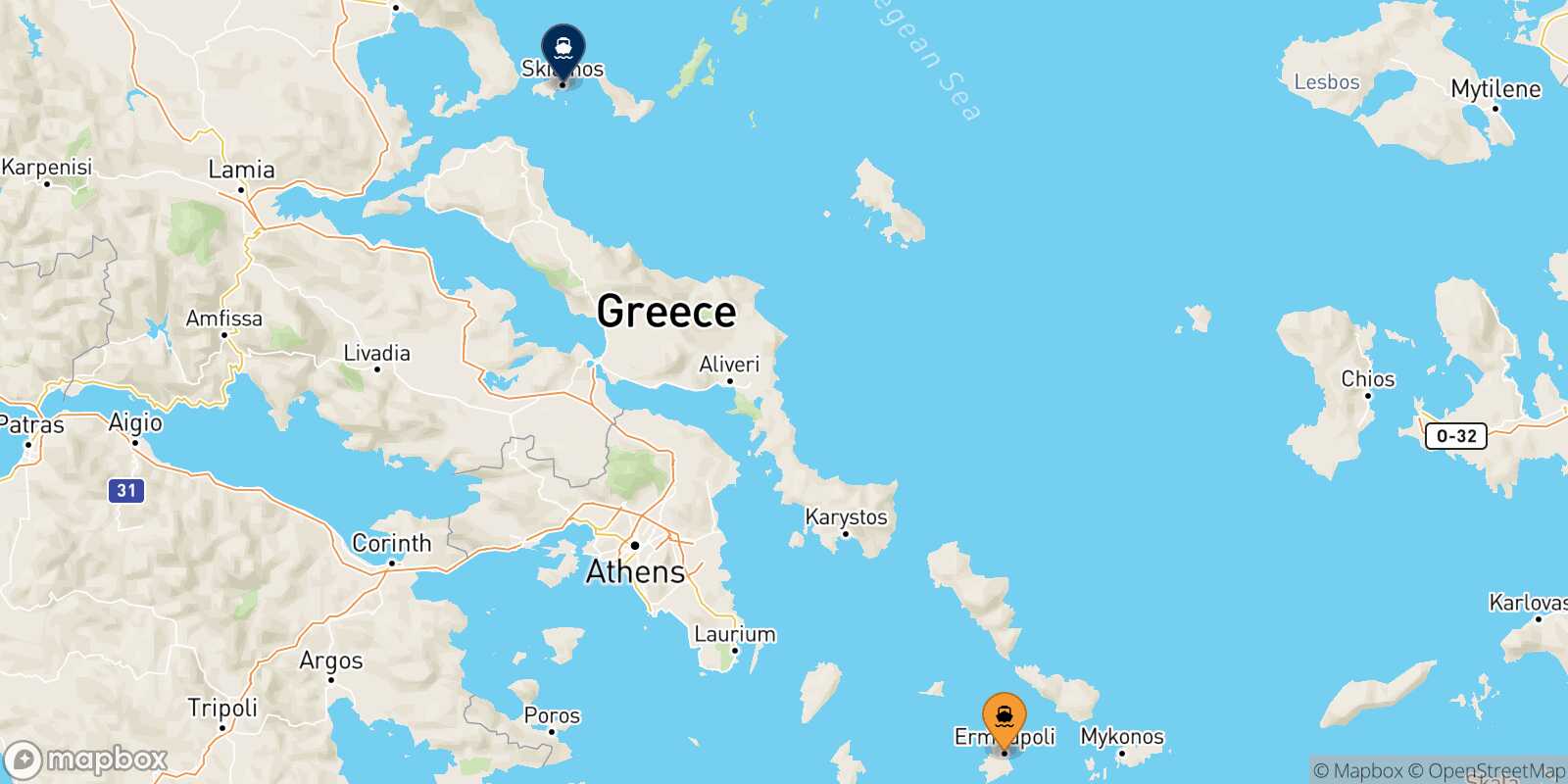 Mapa de la ruta Syros Skiathos