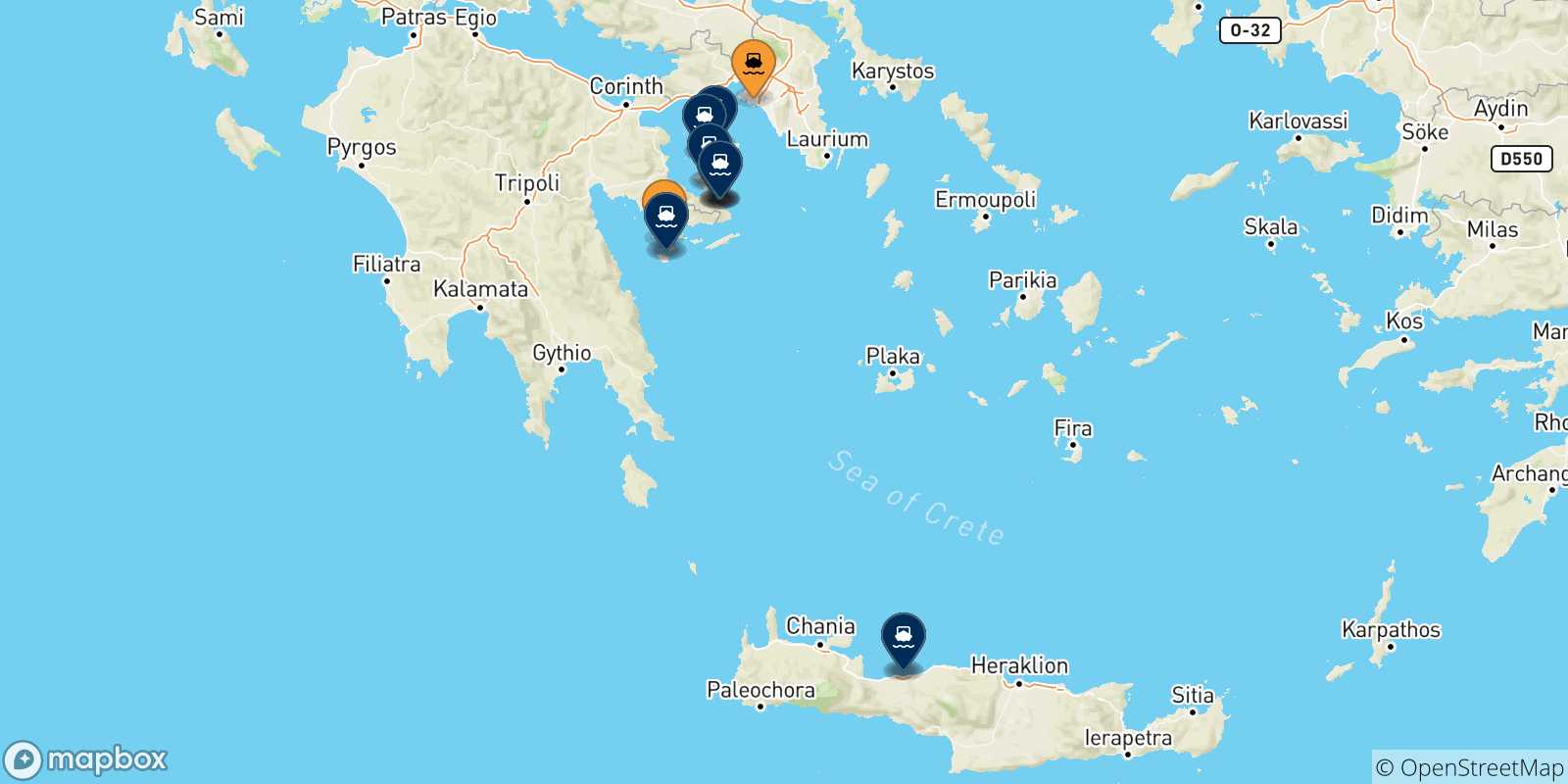 Mapa de las posibles rutas entre Grecia y  Islas Sarónicas