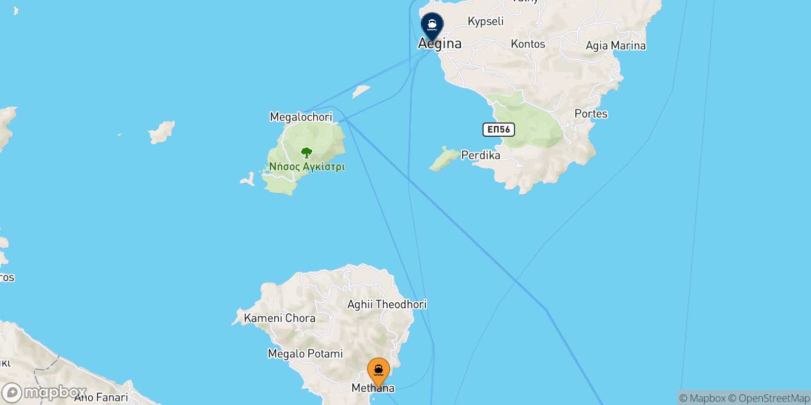 Mapa de la ruta Methana Aegina