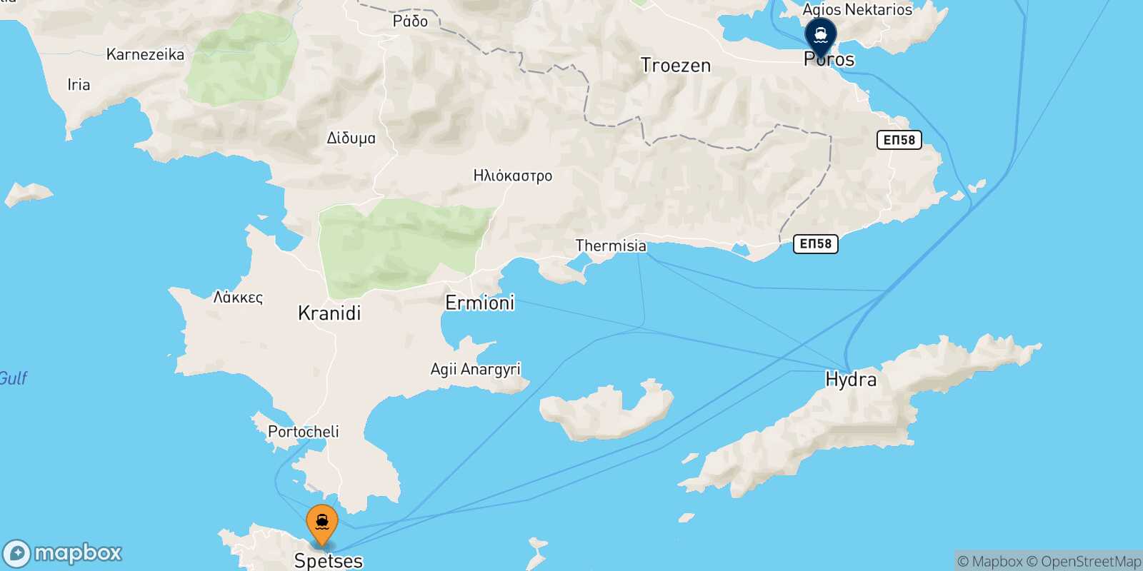 Mapa de la ruta Spetses Hydra