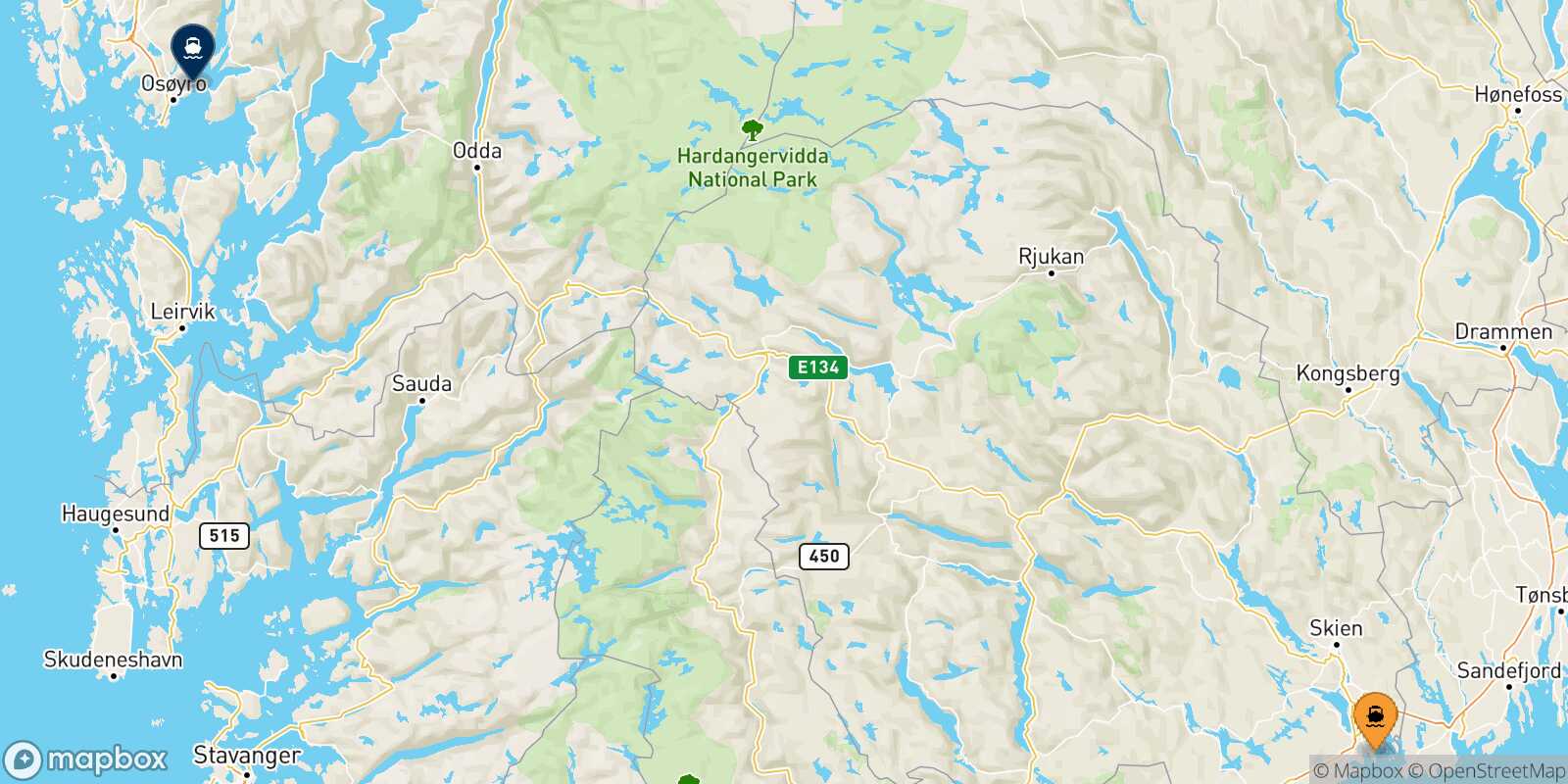 Mapa de la ruta Langesund Bergen