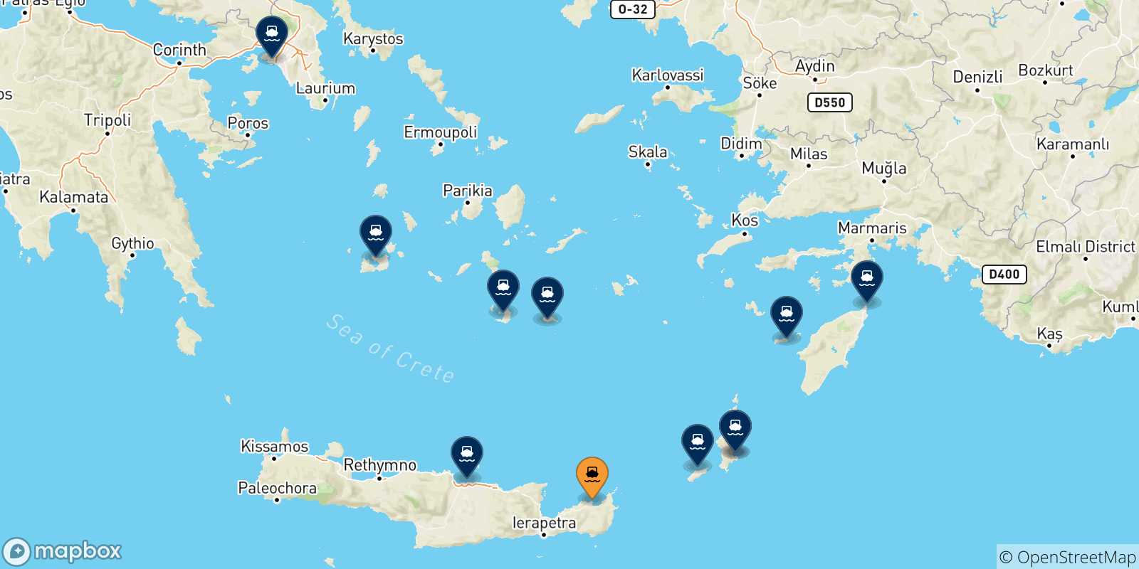 Mapa de las posibles rutas entre Sitia y  Grecia