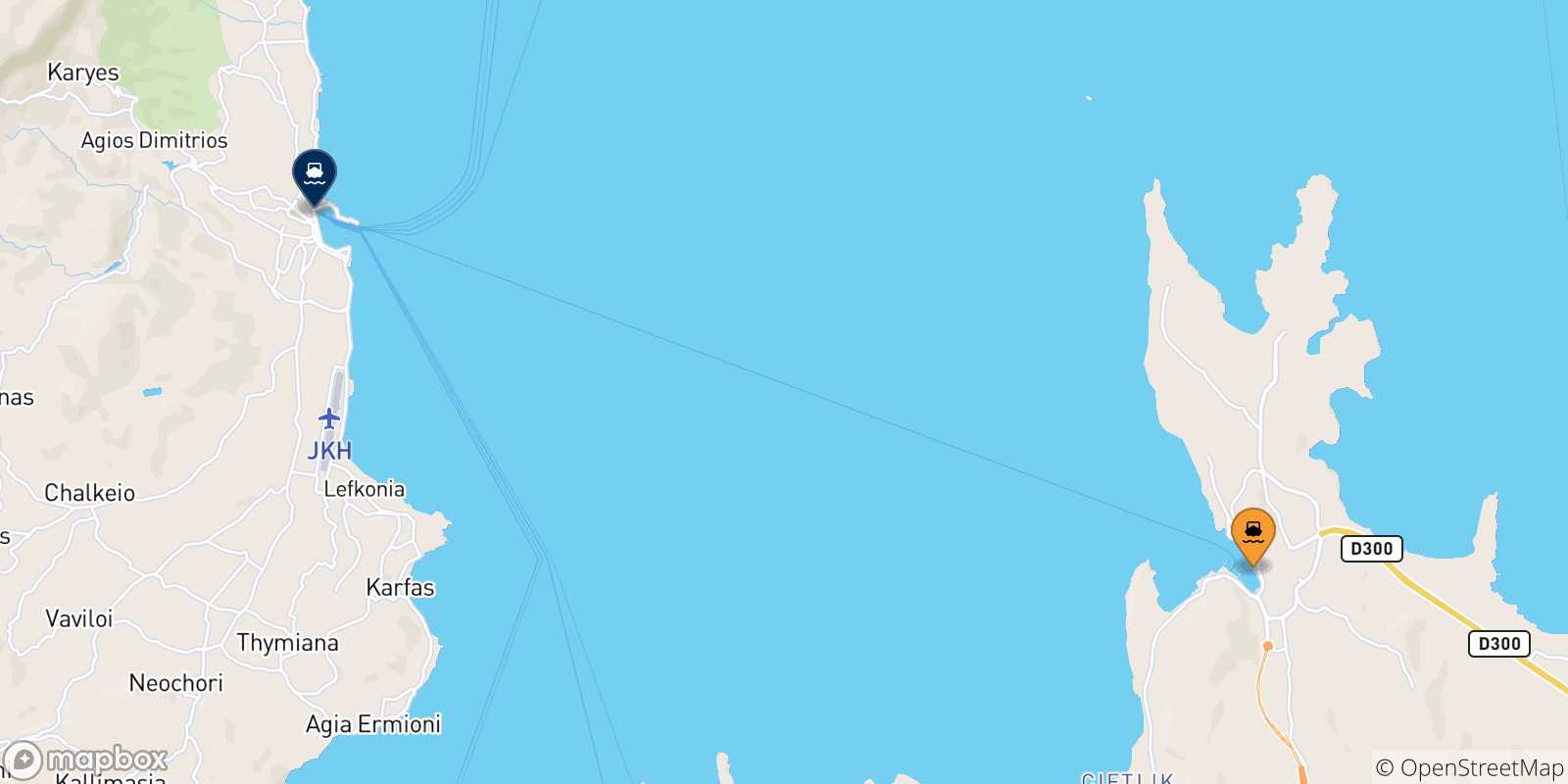 Mapa de las posibles rutas entre Cesme y  Islas Del Egeo