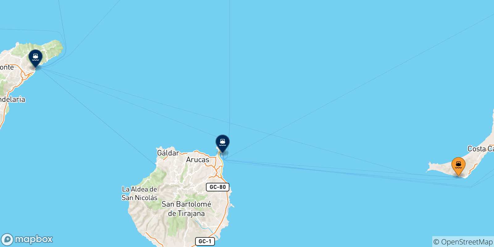 Mapa de las posibles rutas entre Morro Jable (Fuerteventura) y  Islas Canarias