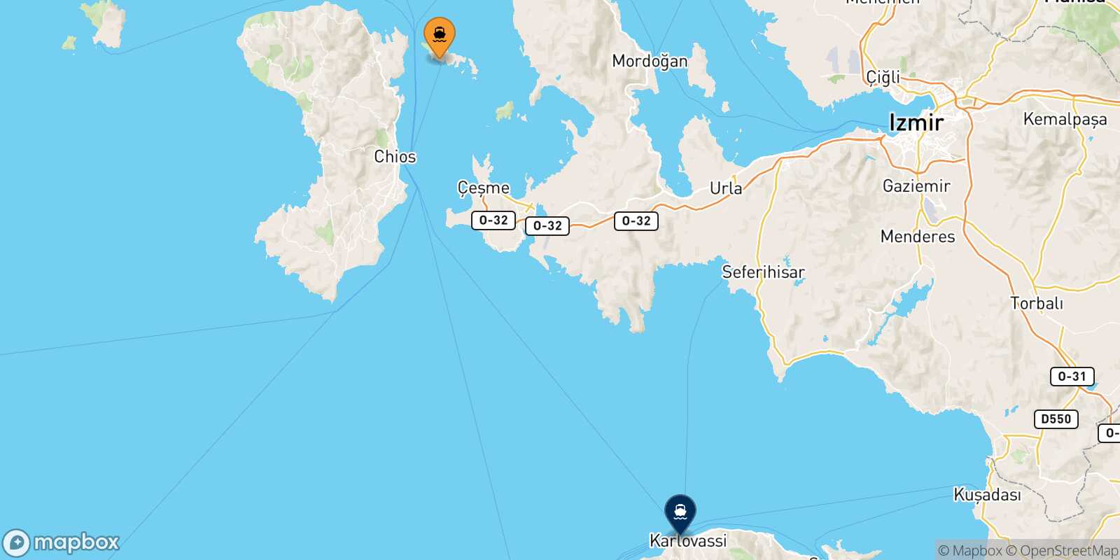 Mapa de la ruta Inousses Karlovassi (Samos)