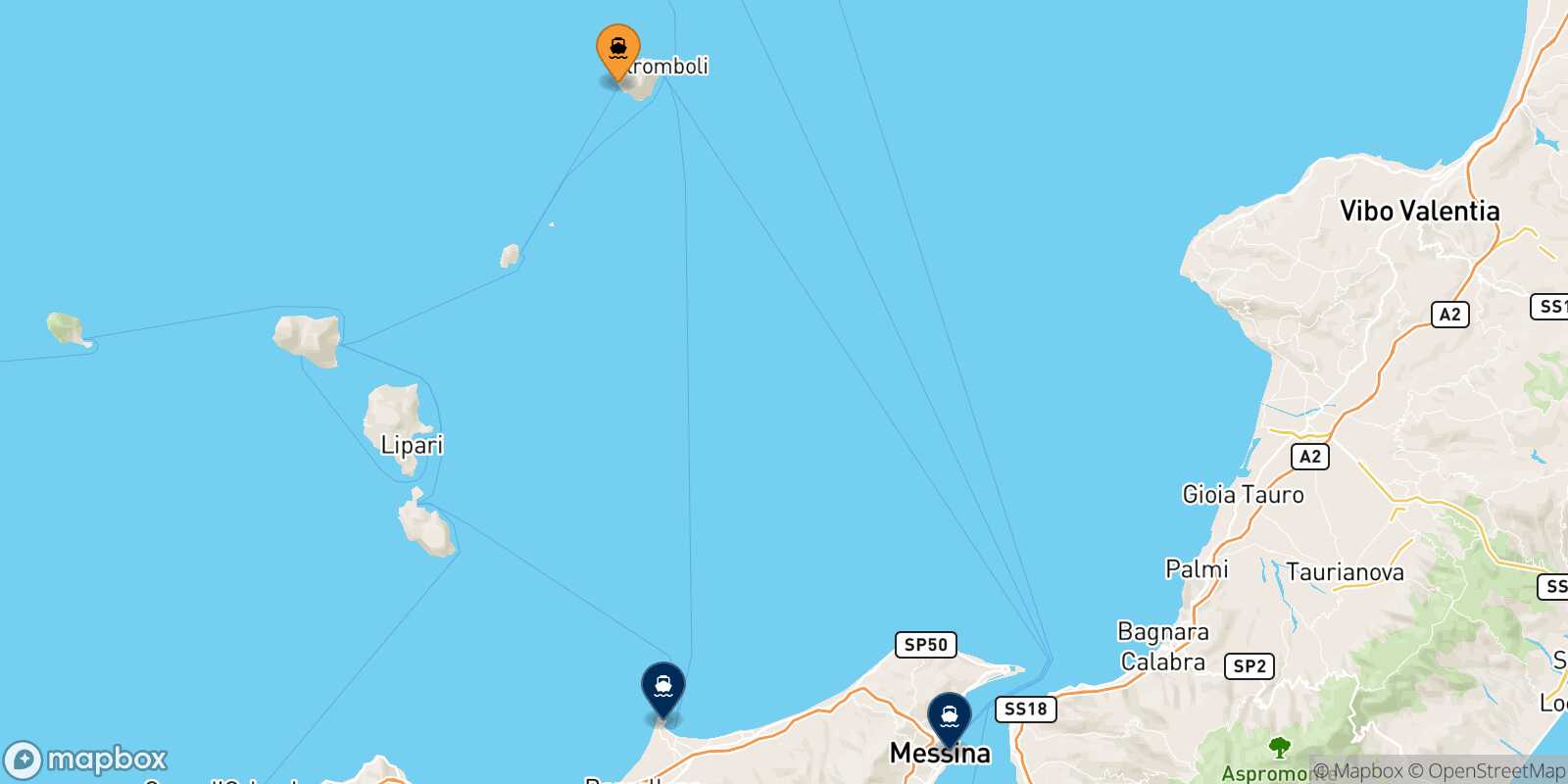 Mapa de los destinos alcanzables de Ginostra (Stromboli)