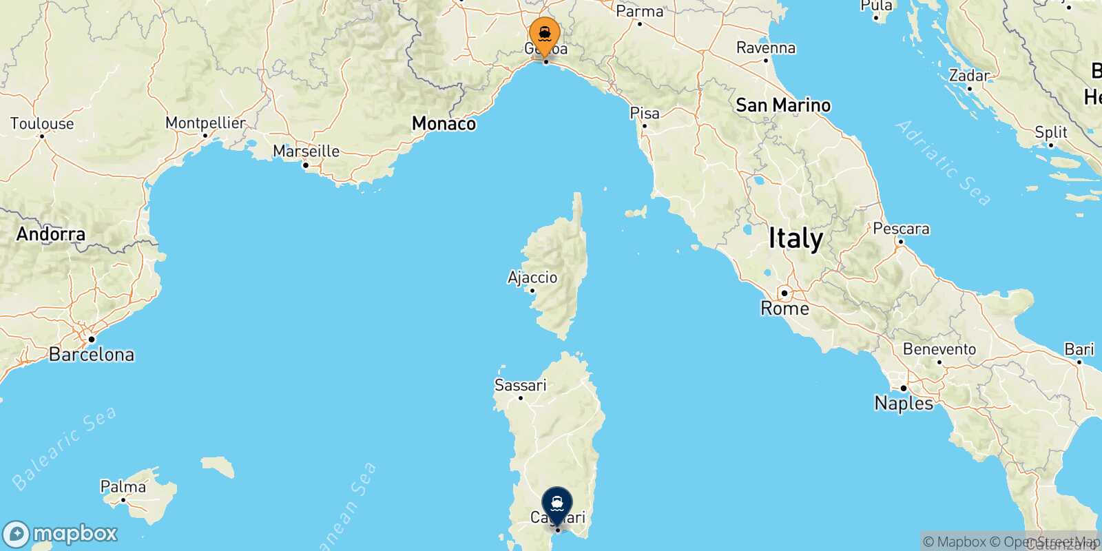 Mapa de la ruta Genova Cagliari