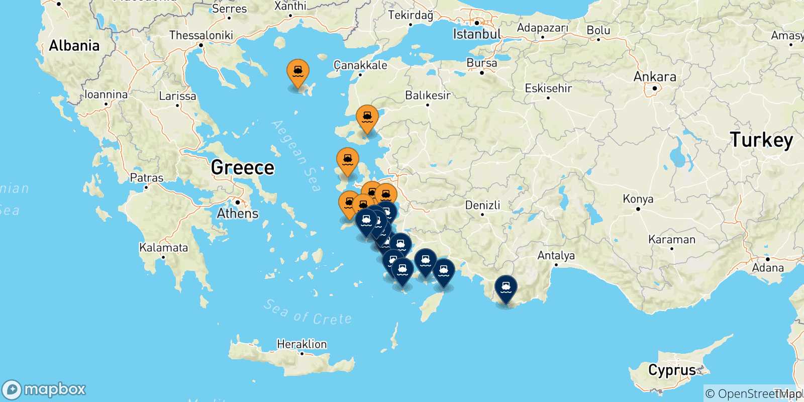 Mapa de las posibles rutas entre Islas Del Egeo y  Dodecaneso