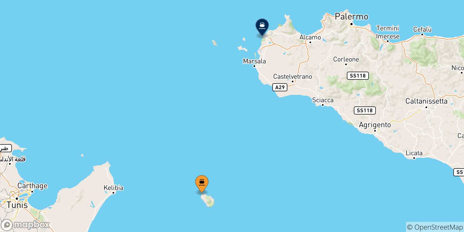 Mapa de las posibles rutas entre Isla De Pantelaria y  Sicilia