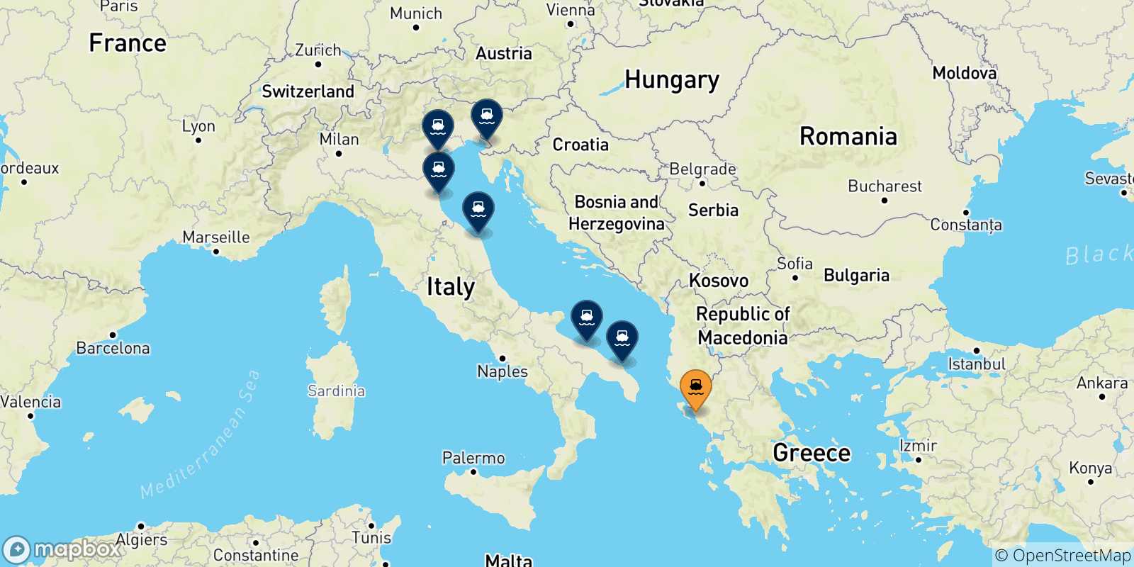 Mapa de las posibles rutas entre Igoumenitsa y  Italia