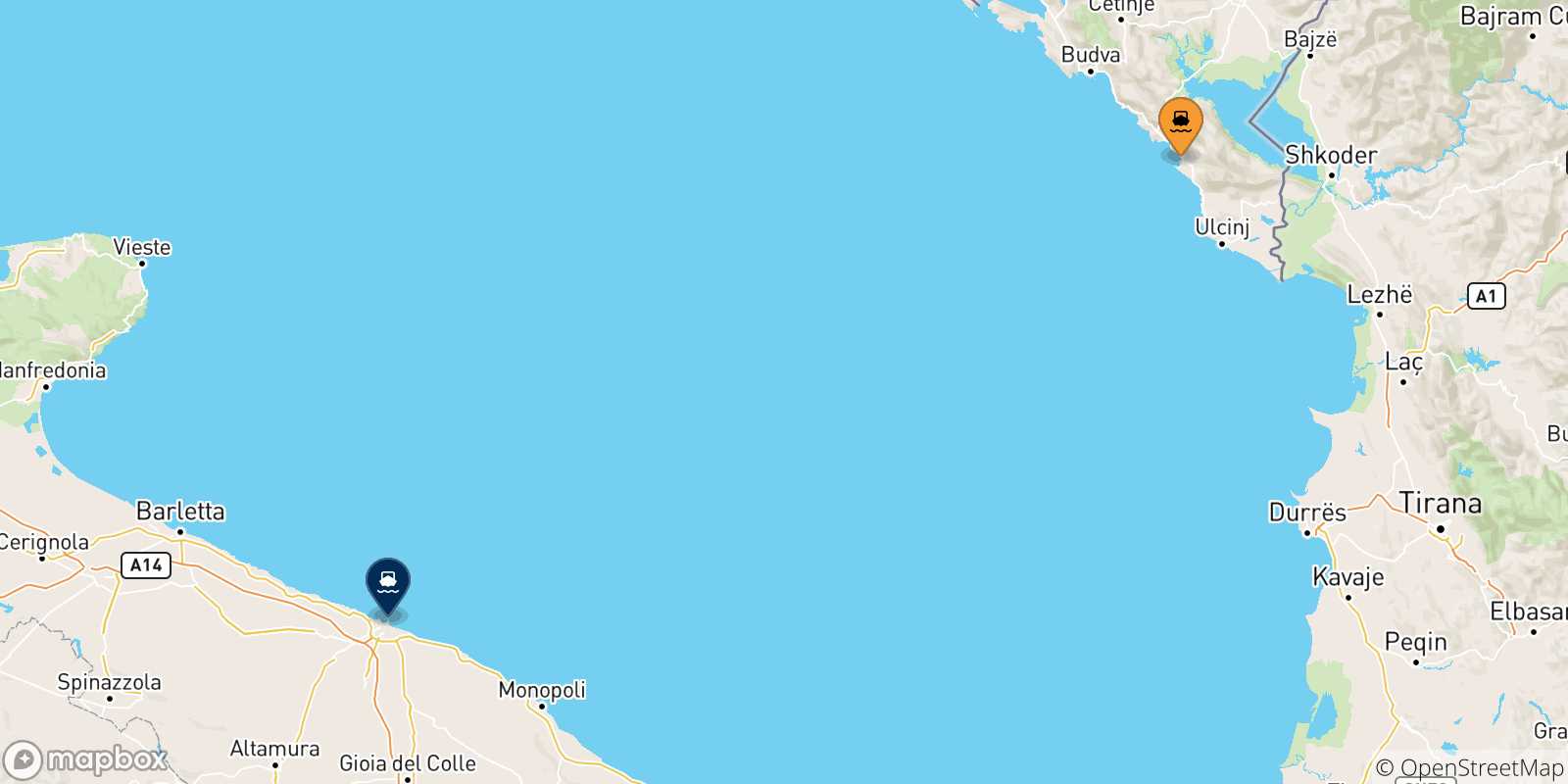Mapa de las posibles rutas entre Montenegro y  Italia