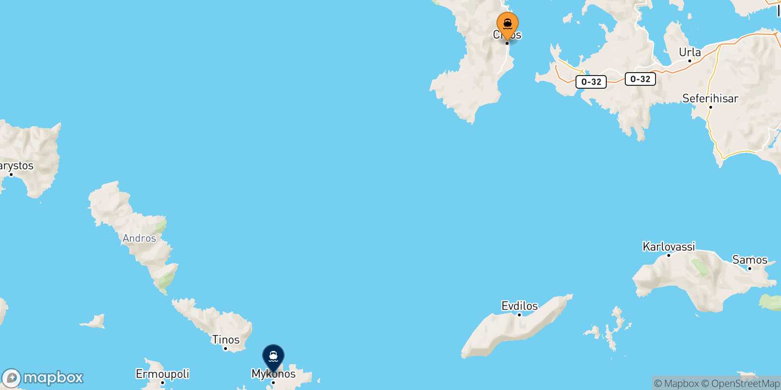 Mapa de la ruta Quios Mykonos