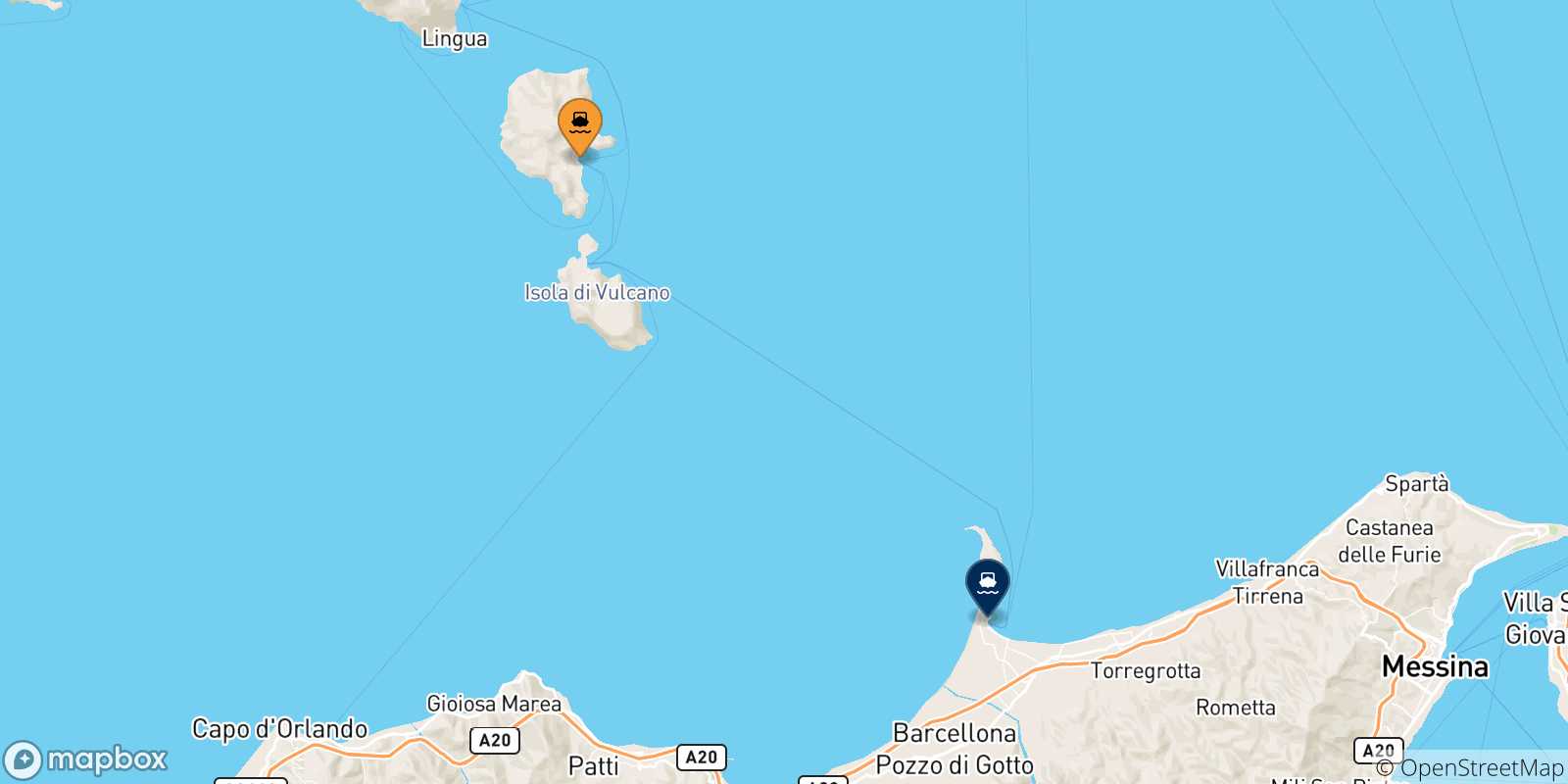 Mapa de las posibles rutas entre Lipari y  Sicilia
