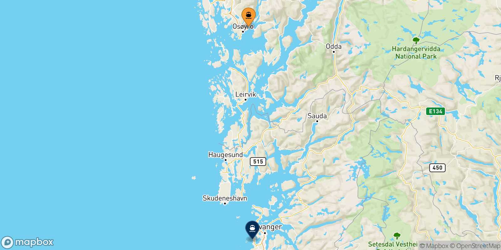Mapa de la ruta Bergen Stavanger