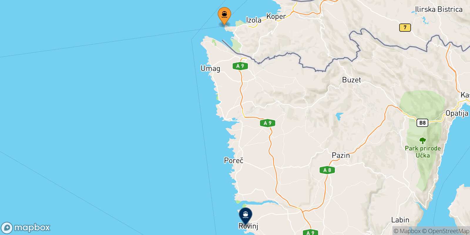 Mapa de los puertos conectados con  Rovinj