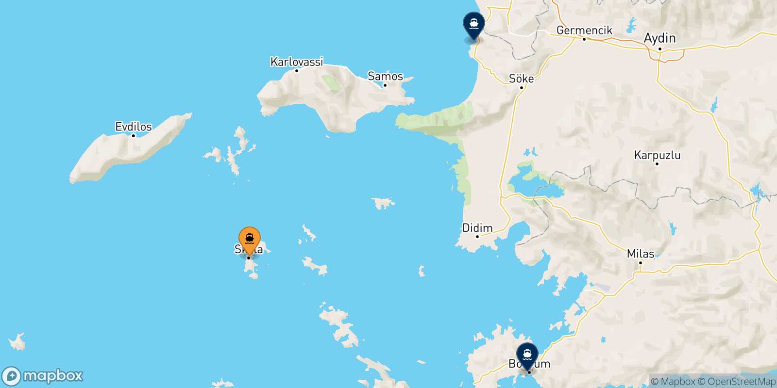 Mapa de los destinos alcanzables de Patmos