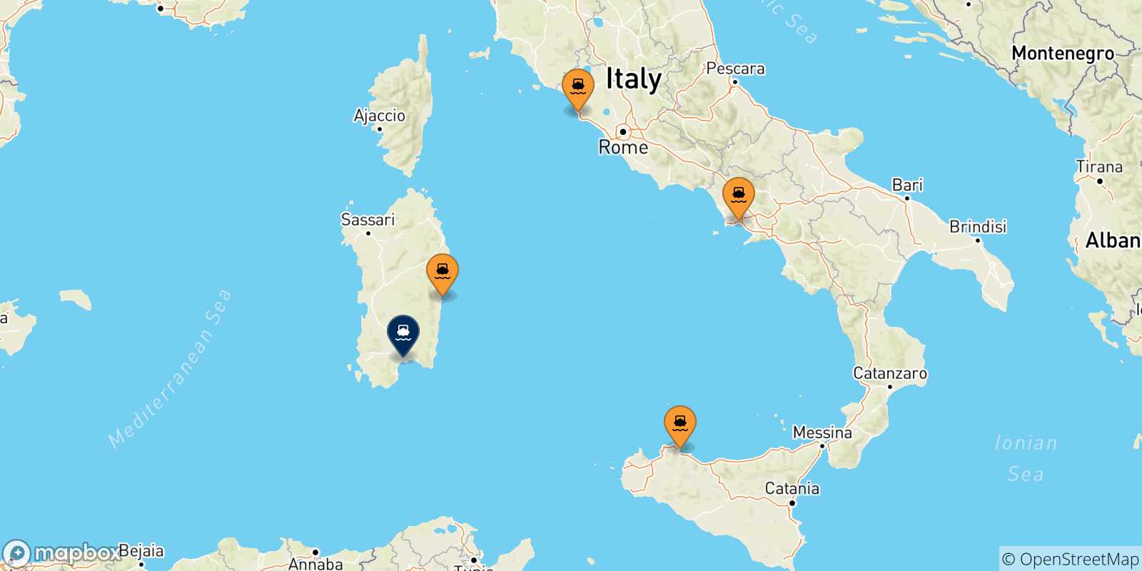 Mapa de las posibles rutas entre Italia y  Cagliari