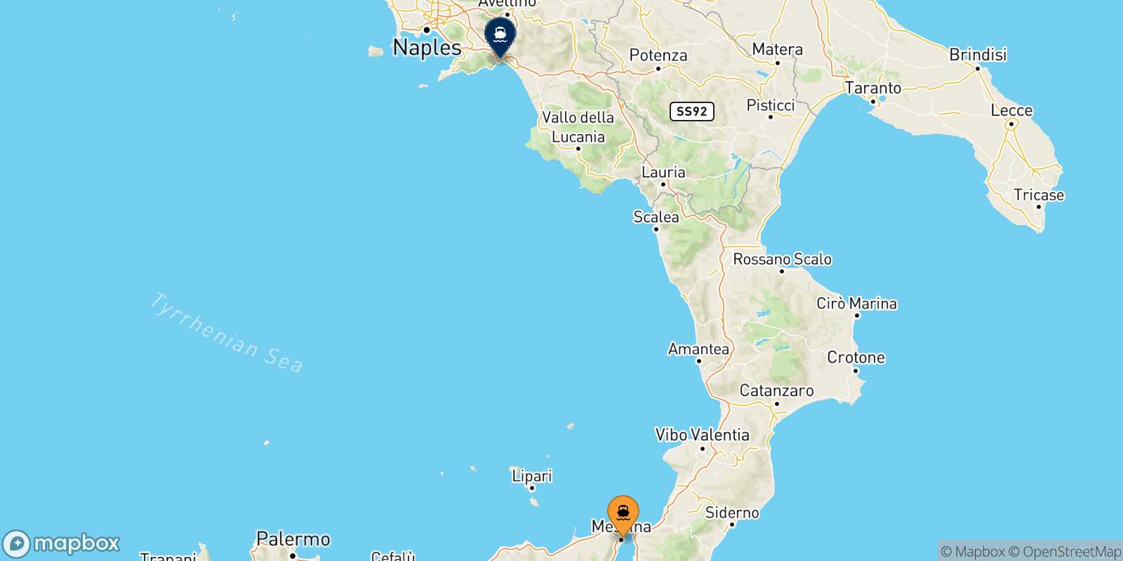 Mapa de la ruta Mesina Salerno