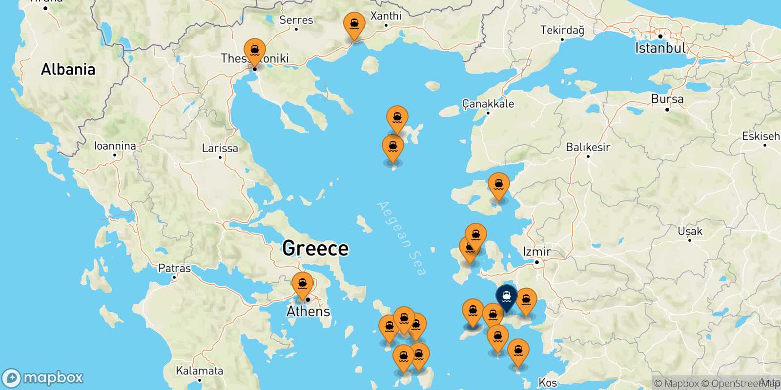 Mapa de los puertos conectados con  Karlovassi (Samos)
