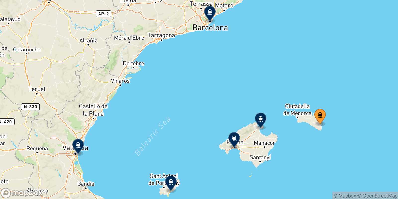 Mapa de los destinos alcanzables de Mahon (Menorca)