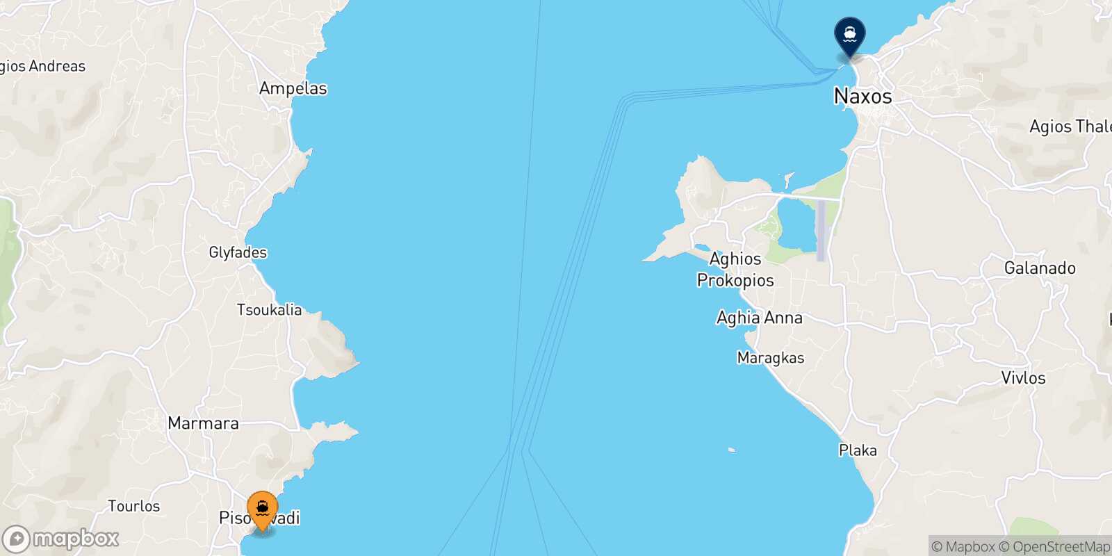 Mapa de los destinos alcanzables de Piso Livadi (Paros)