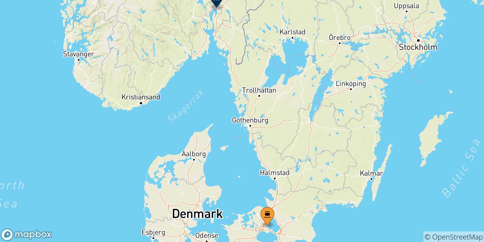 Mapa de los puertos conectados con  Noruega