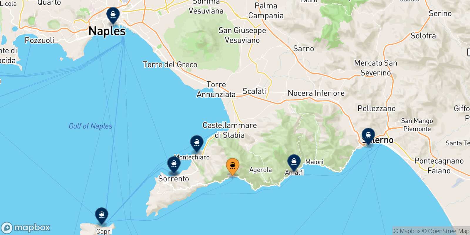 Mapa de los destinos alcanzables de Positano