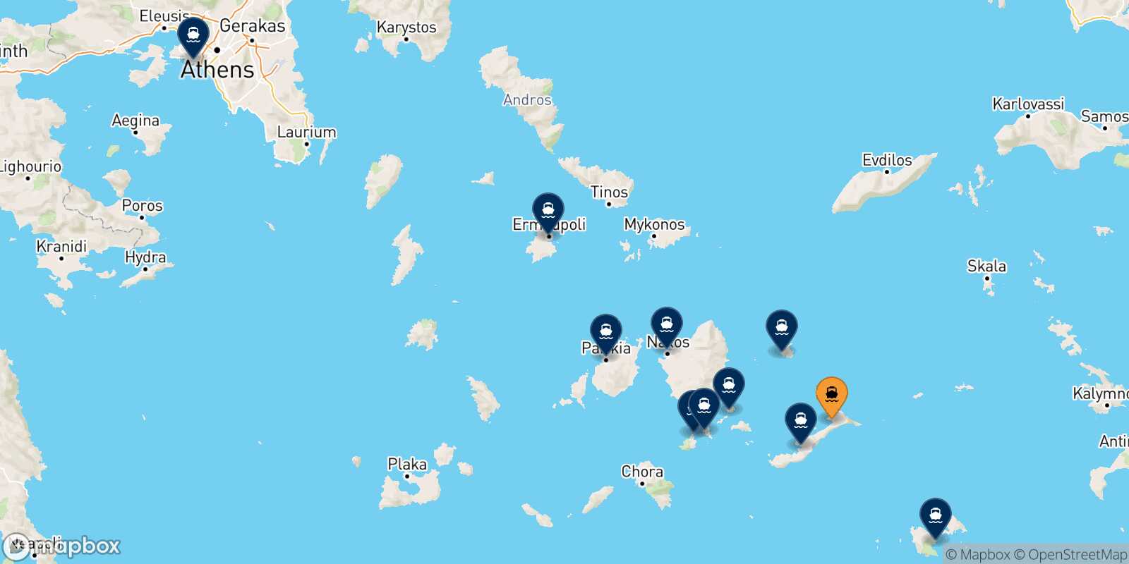Mapa de los destinos alcanzables de Aegiali (Amorgos)