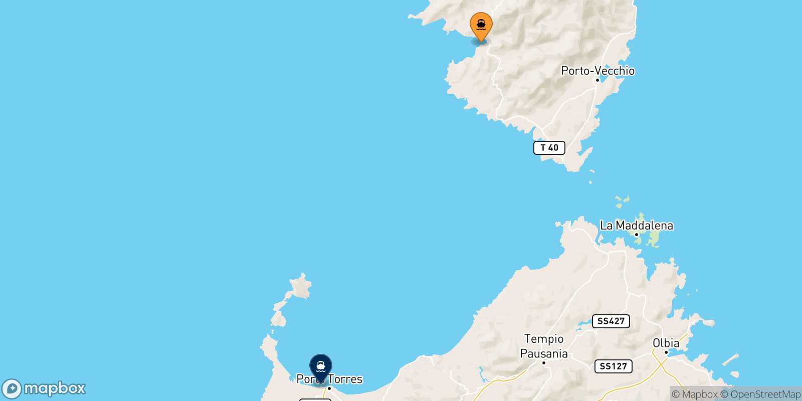 Mapa de la ruta Ajaccio Porto Torres
