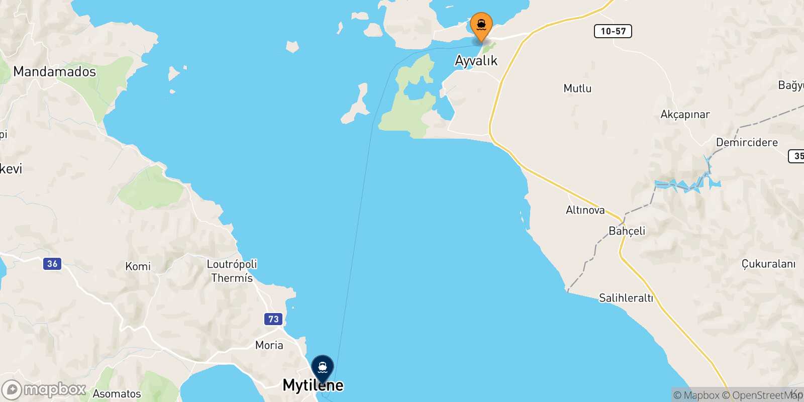 Mapa de la ruta Ayvalik Mytilene (Lesvos)