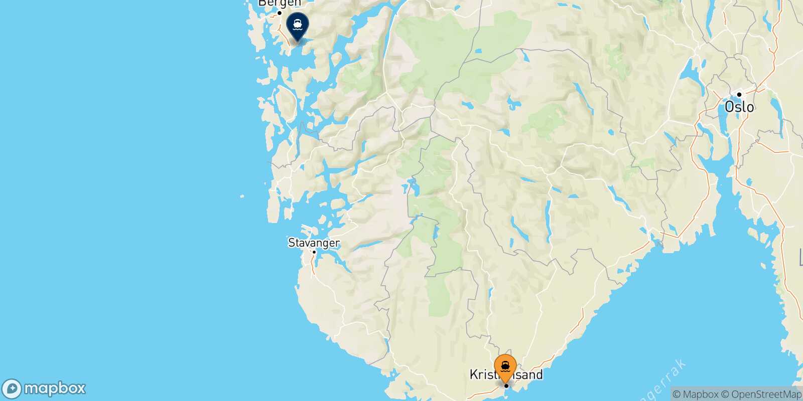 Mapa de la ruta Kristiansand Bergen