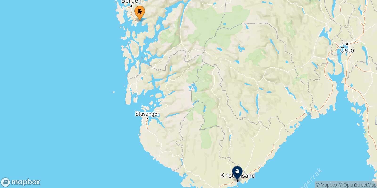 Mapa de la ruta Bergen Kristiansand