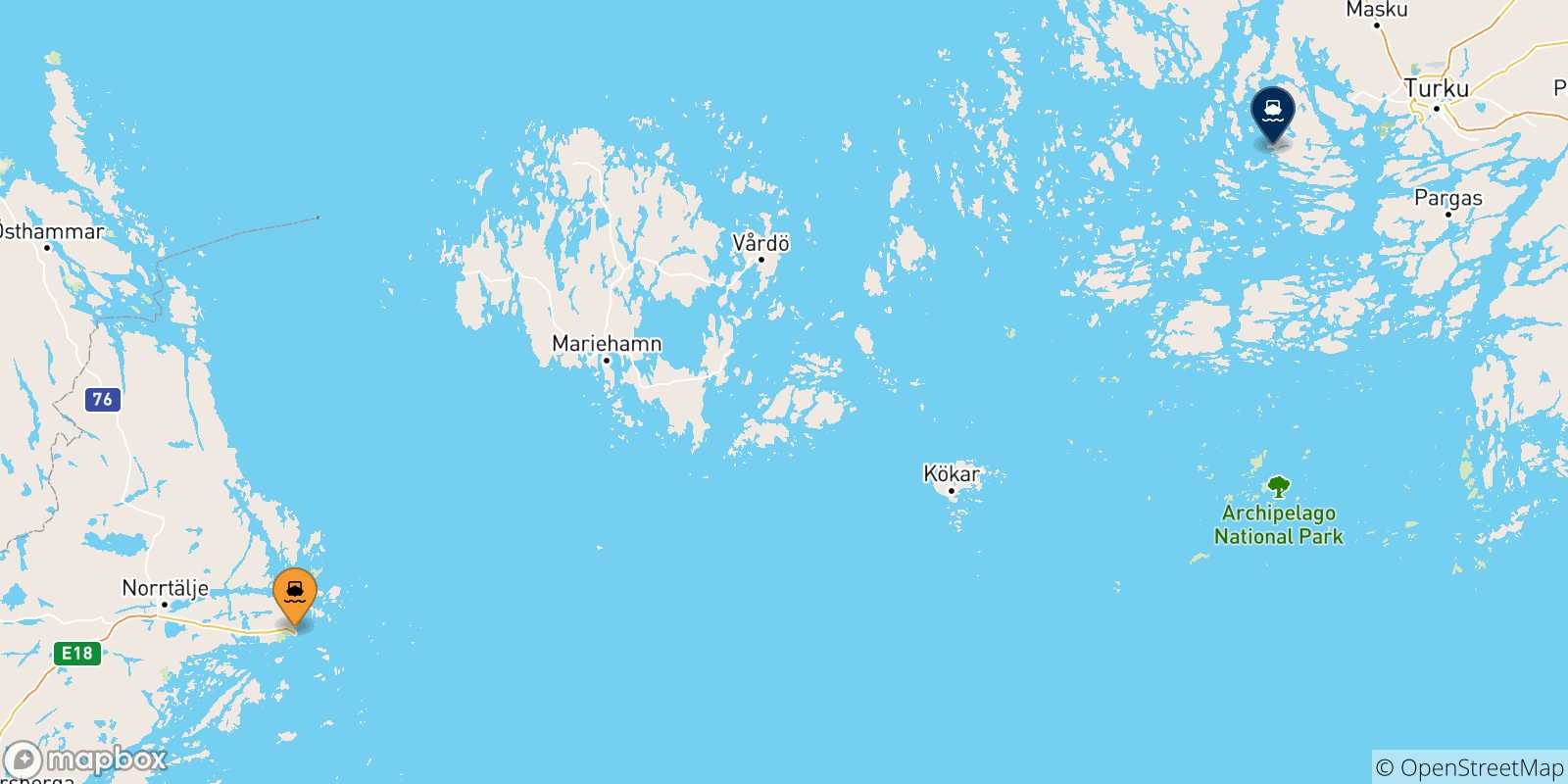 Mapa de las posibles rutas entre Suecia y  Naantali