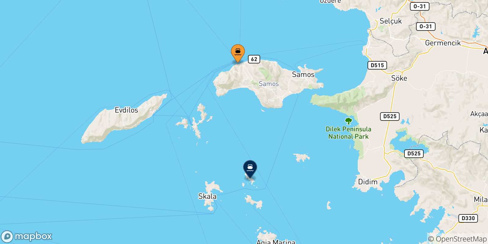 Mapa de las posibles rutas entre Islas Del Egeo y  Arkyi