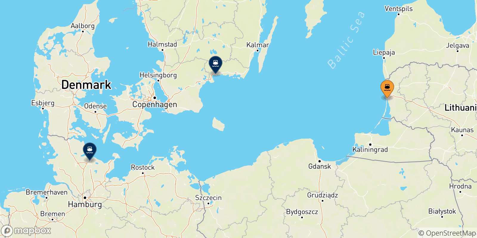 Mapa de los destinos alcanzables de Lituania