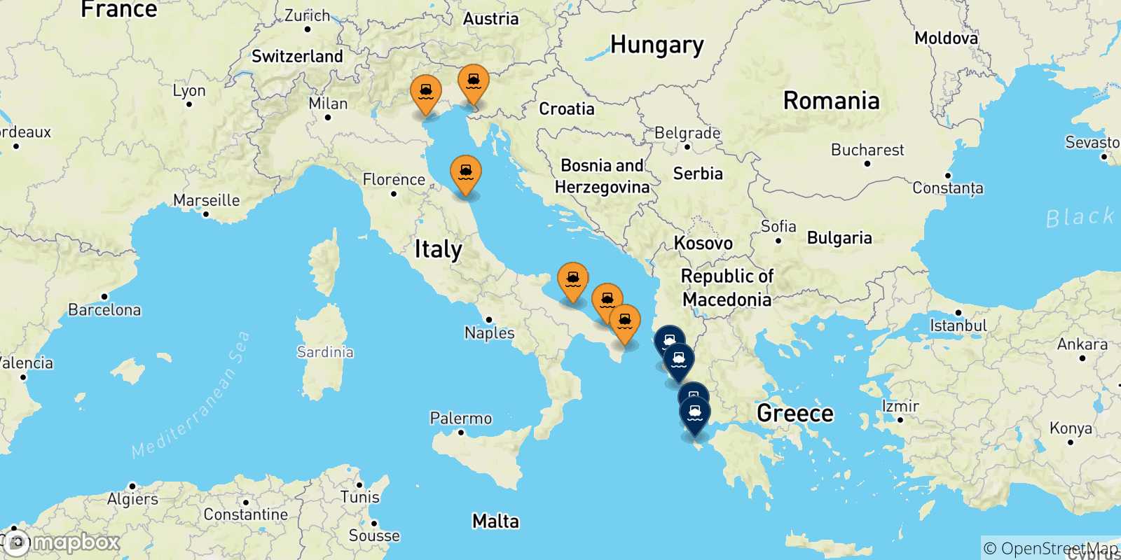 Mapa de las posibles rutas entre Italia y  Islas Jonicas