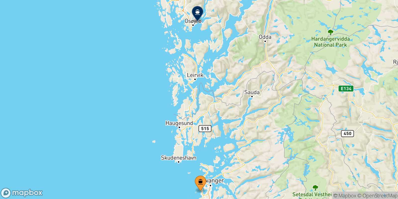 Mapa de la ruta Stavanger Bergen