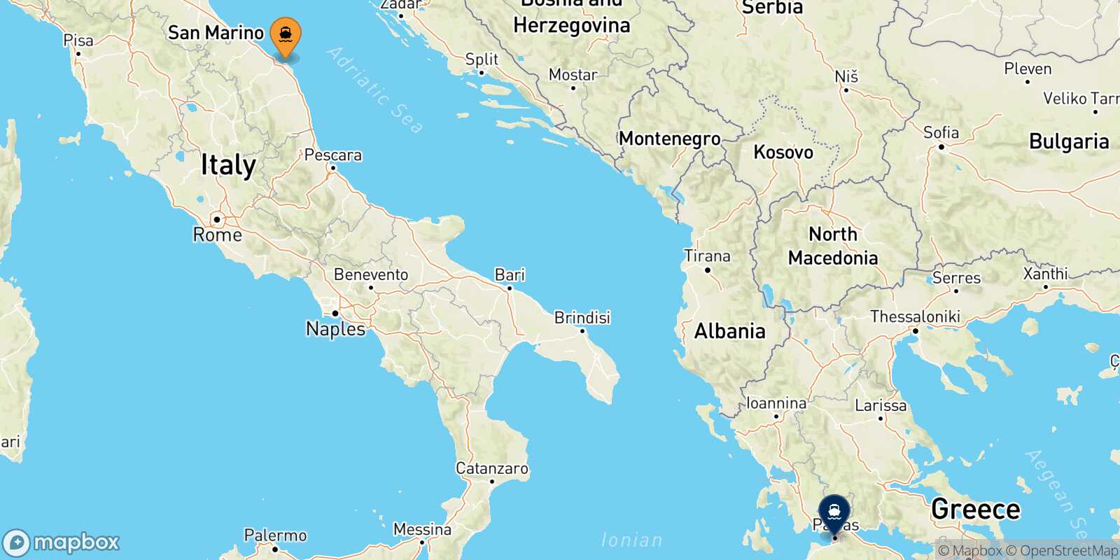 Mapa de la ruta Ancona Patras