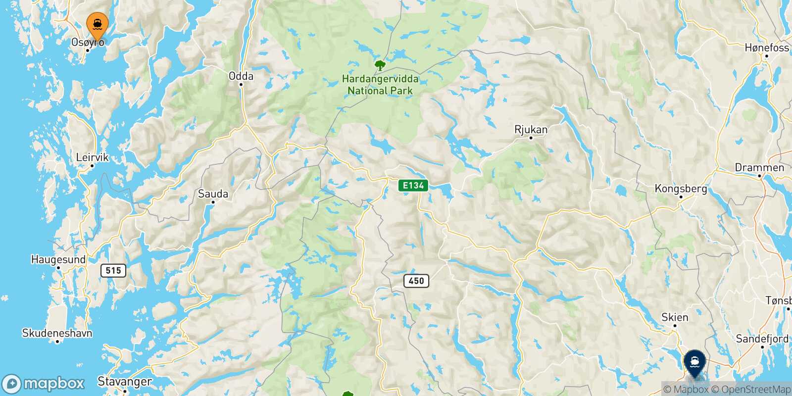 Mapa de la ruta Bergen Langesund