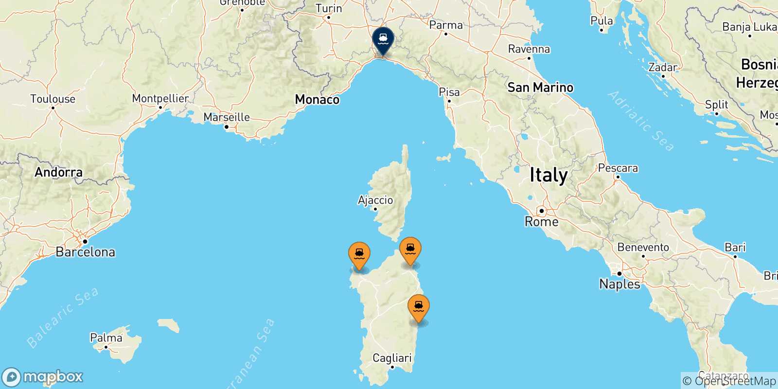 Mapa de las posibles rutas entre Cerdeña y  Genova