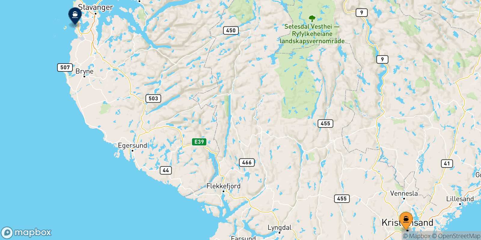 Mapa de la ruta Kristiansand Stavanger