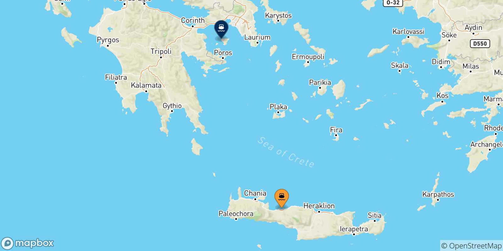 Mapa de las posibles rutas entre Myli (Agistri) y  Islas Sarónicas