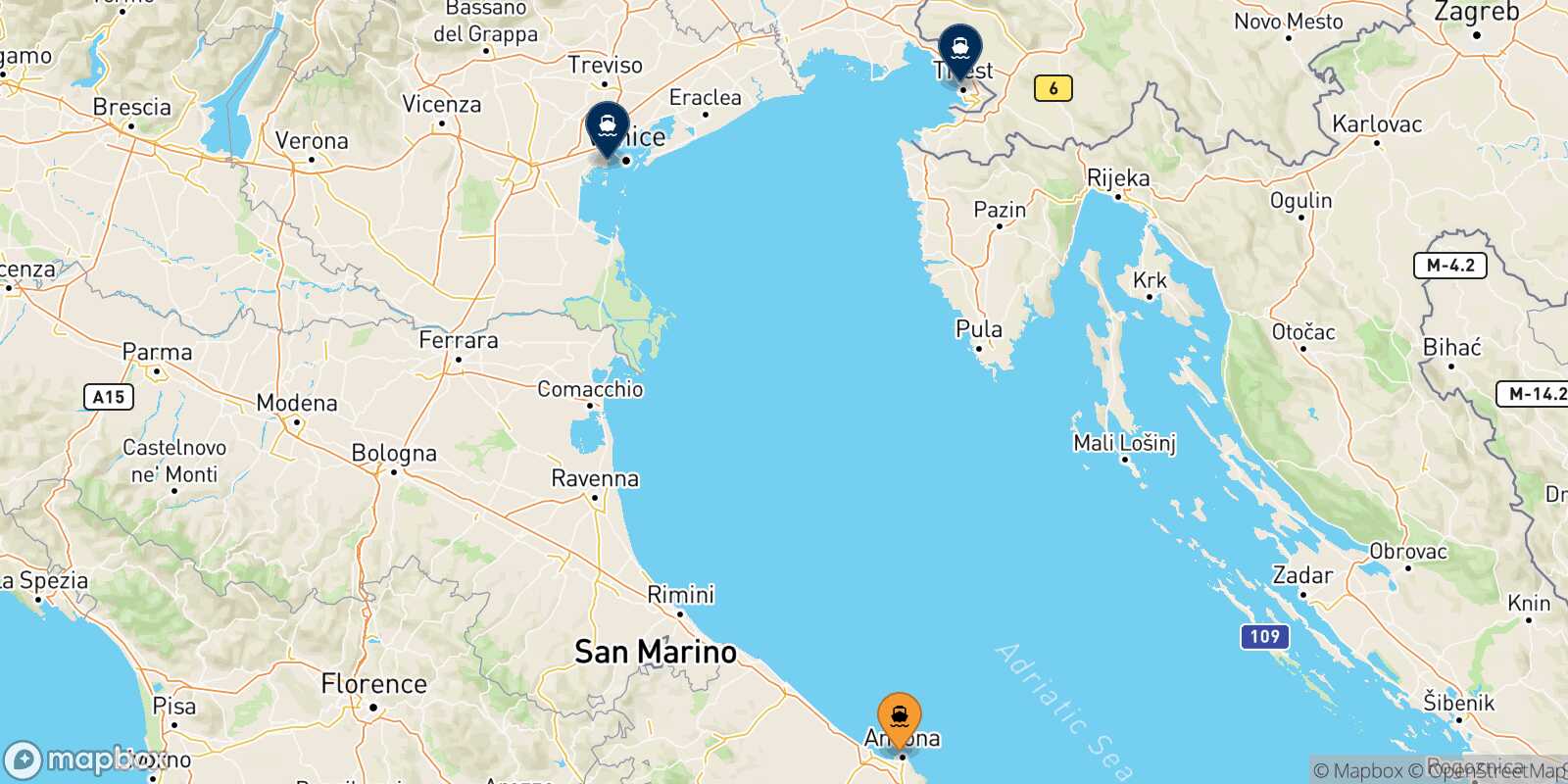 Mapa de los destinos alcanzables de Ancona