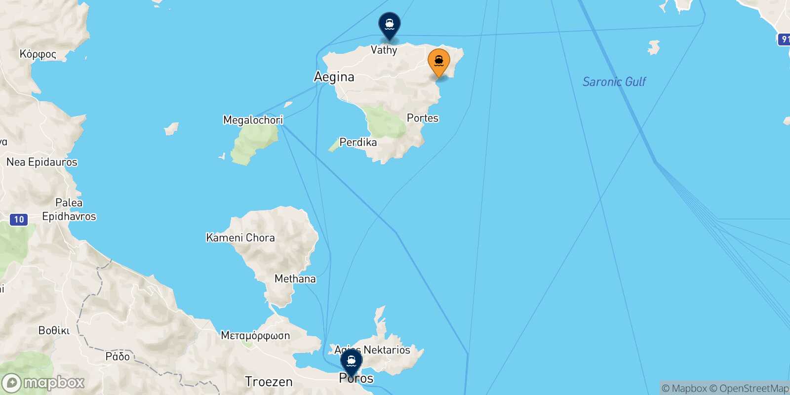 Mapa de los destinos alcanzables de Agia Marina (Aegina)