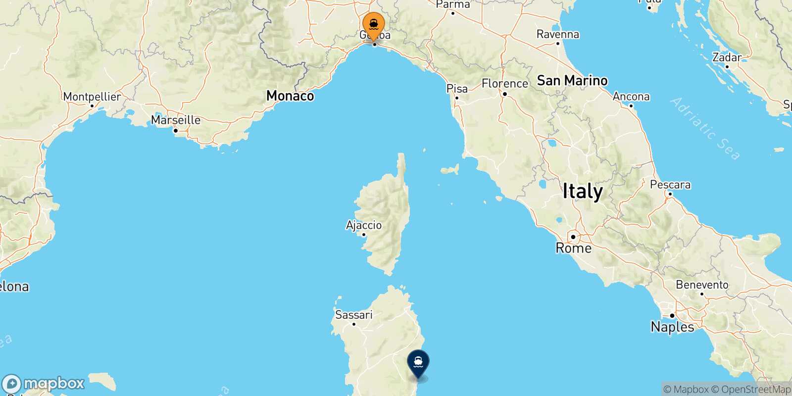 Mapa de la ruta Genova Arbatax