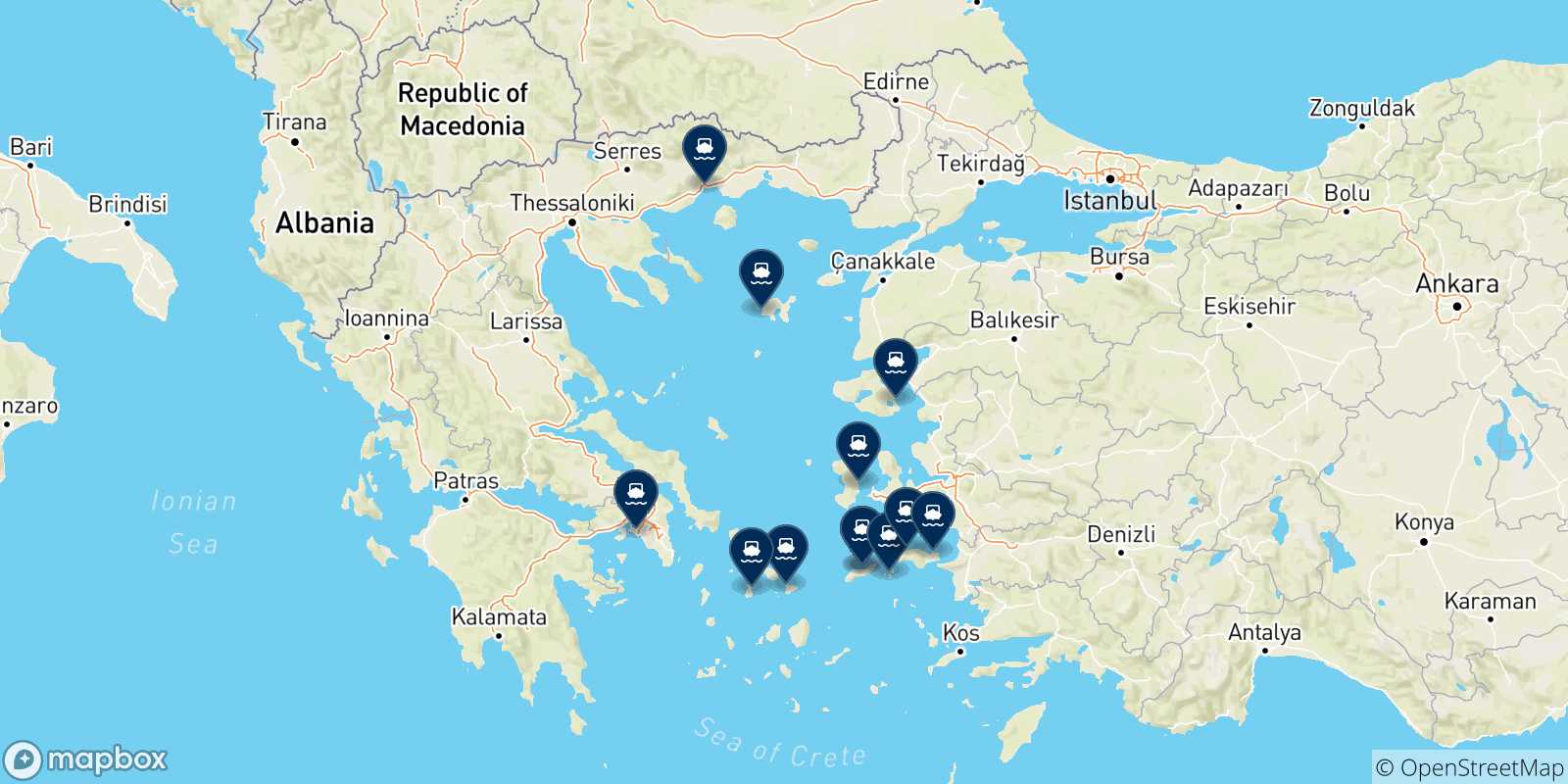 Mapa de las posibles rutas entre Evdilos (Ikaria) y  Grecia